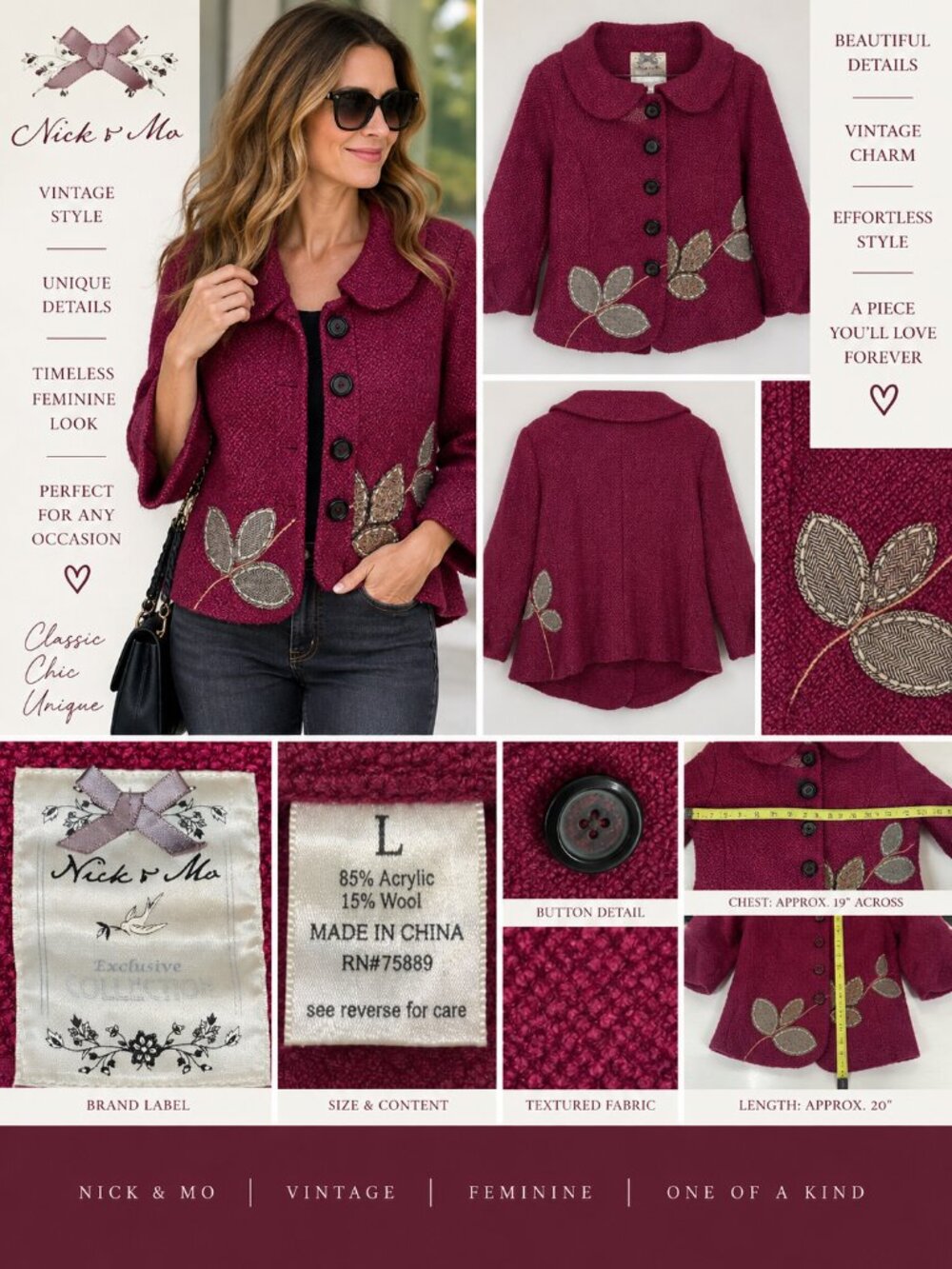 Anthropologie Nick & Mo L Burgundy Wool Blend Floral Appliqué Jacket Boho